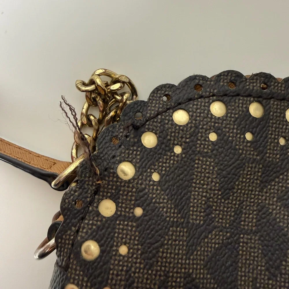 Michael Kors Signature Monogram Scallop Studded‎ Crossbody Bag Brown